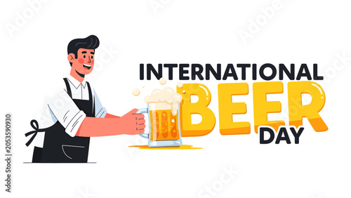 Konstfotografi International Beer Day Celebration: A smiling bartender proudly presents a frothy, golden beer in a glass, celebrating International Beer Day with a festive atmosphere