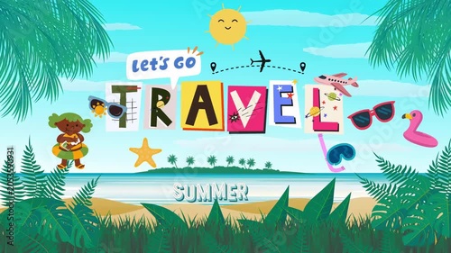 A colorful travel advertisement with summer vibes and tropical elements featuring a cartoon character
