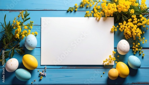 A vibrant Easter arrangement with colorful eggs and mimosa blossoms arranged around a blank rectangular space