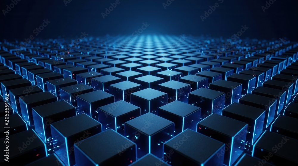 Obraz premium Abstract digital background of glowing blue cubes representing big data network and server technology.