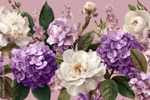 A vibrant floral arrangement showcases various flower types in shades of purple, white, and pink, with green foliage