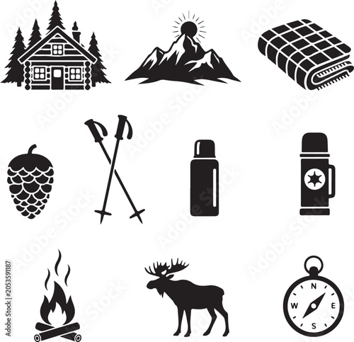 Flat Vector Illustration of Mountain Retirement and Outdoor Adventure Elements