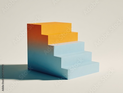 A vibrant, geometric staircase in a gradient of blue to orange against a neutral backdrop, casting a long shadow