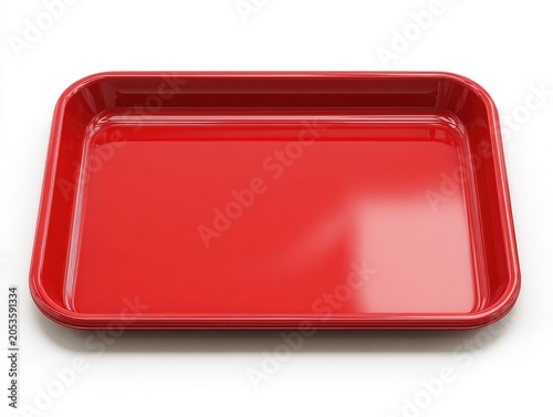 A vibrant, glossy, rectangular red tray sits isolated against a white background, showcasing its sleek design. The surface is reflective