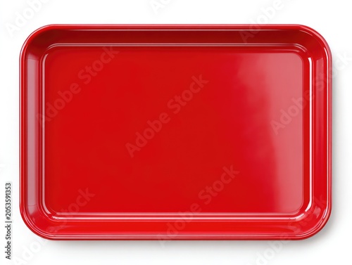 A vibrant, glossy, rectangular red tray sits isolated on a white background, casting a subtle shadow. The edges are gently rounded
