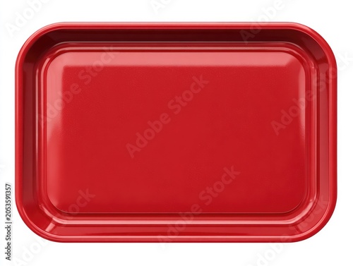 A vibrant, glossy, rectangular red tray with rounded corners, elevated on a bright white background. Shiny surface