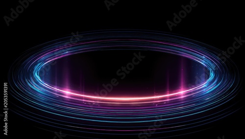 A vibrant, glowing, circular portal with concentric rings and vertical beams. The dark background creates a stunning contrast