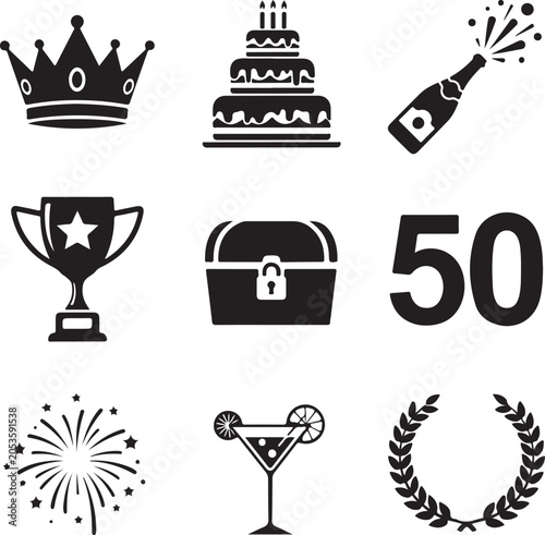 Fifty Milestone Celebration Vector Icons with Crown Trophy Cake and Champagne