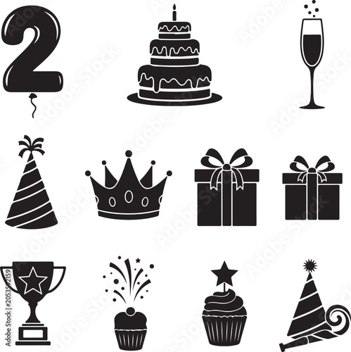 Golden Birthday Icons Set with Cake, Gifts, and Party Symbols