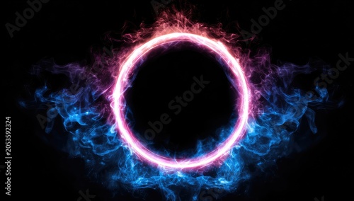 A vibrant ring of fiery energy, surrounded by ethereal smoke in shades of pink and blue, floating in complete darkness