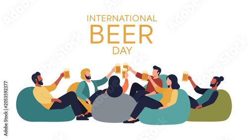 Konstfotografi International Beer Day Celebration: A group of friends enjoying a toast with frothy beer glasses, celebrating International Beer Day in a relaxed setting with colorful beanbag chairs