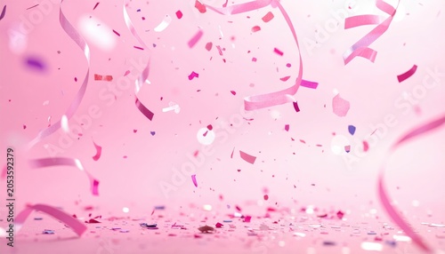 A vibrant shot of pink confetti and streamers gracefully falling against a soft, blurred pink backdrop. The scene suggests a celebration