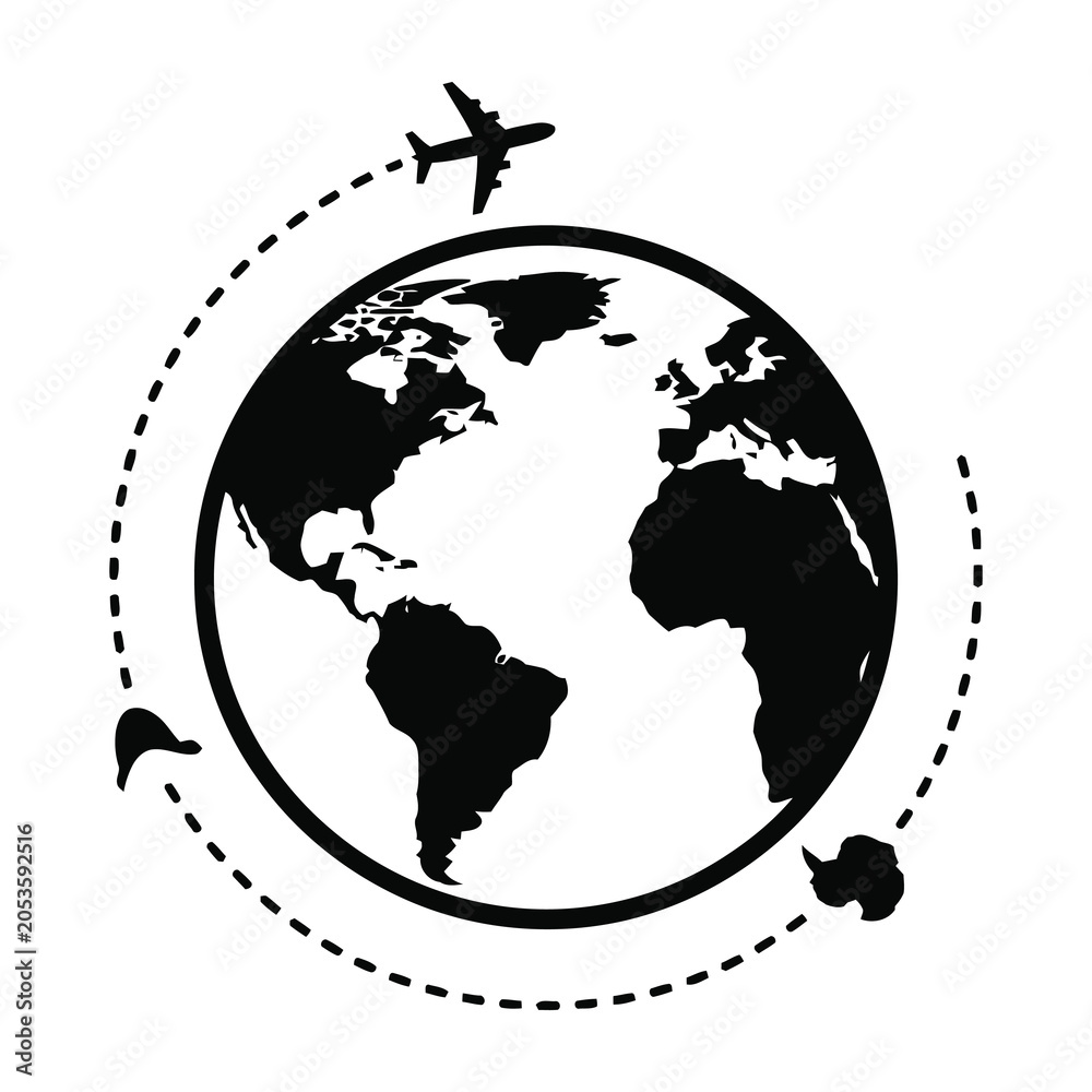 Naklejka premium Global Travel Concept Icon Featuring a Silhouette of Planet Earth and an Airplane Flight Path