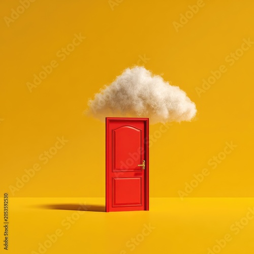A vibrant, surreal image featuring a bright red closed door beneath a fluffy white cloud, set against a golden-yellow backdrop