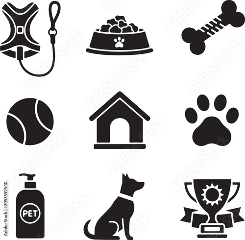 Dog Adoption Icons Set with Pet Accessories