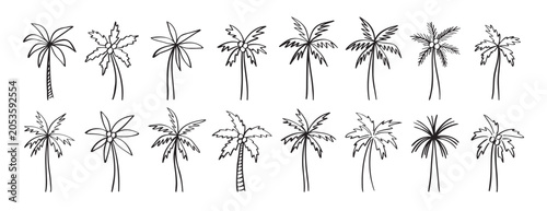 palm tree doodle hand drawn icon set. Outline drawing palm tree line clipart symbol collection