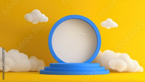 A vibrant, whimsical scene featuring a blue circular frame on a tiered stand, surrounded by fluffy white clouds and a sunny yellow backdrop