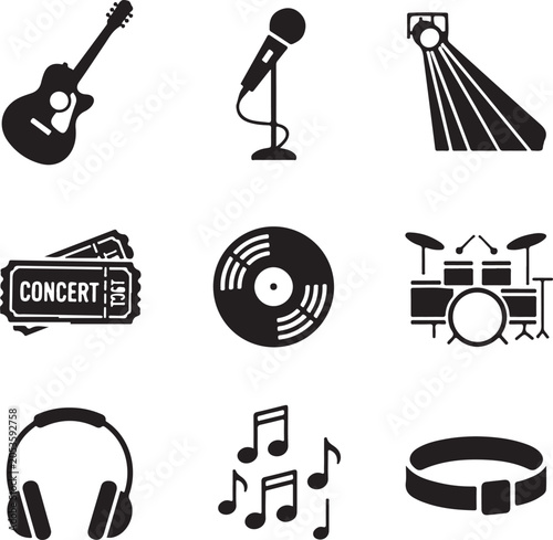 Concert Music Icons Set in Black Silhouette
