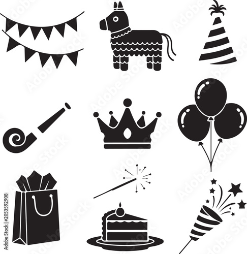 Colorful Vector Birthday Party Decorations and Celebration Icons Set
