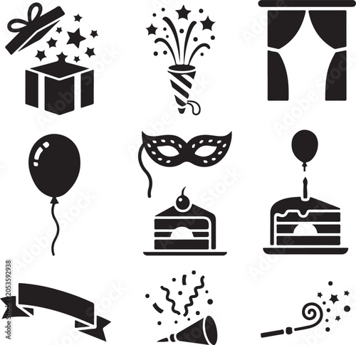 Birthday Party Icons Set with Cake, Gifts, and Decorations