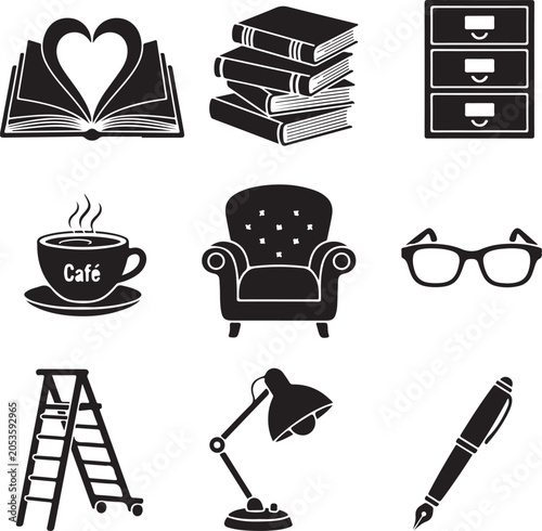 Flat Bookstore Icons Set with Educational Symbols