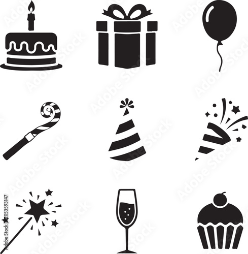 Flat Design Birthday Celebration Icon Set with Party Elements and Decorations