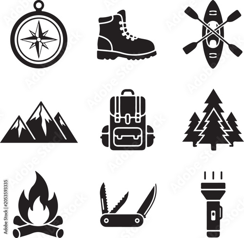 Minimalist Outdoor Adventure Icons Set for Camping and Exploration