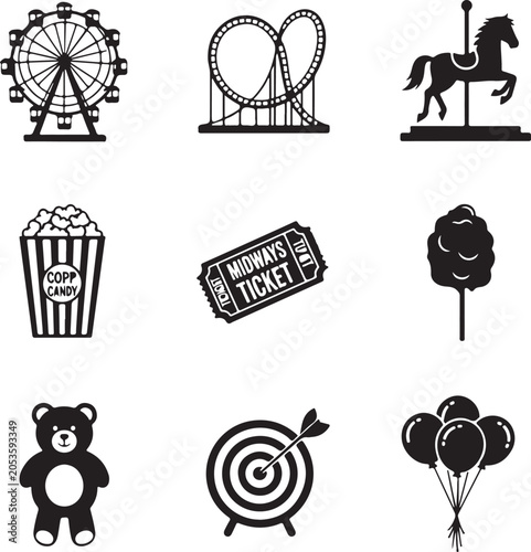 Flat Vector Amusement Park Icon Set with Rides and Tickets