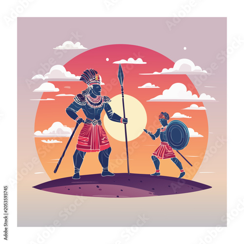 Ancient Warriors Illustration with Sunset Background