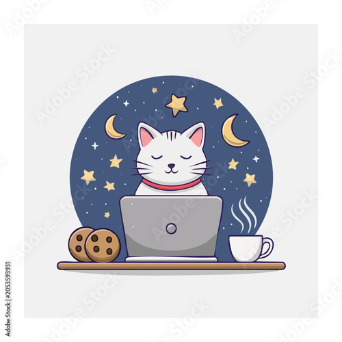Cute cat using laptop with cookies and tea