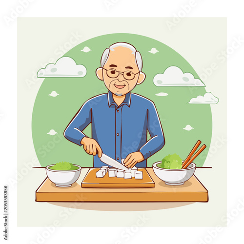 Elderly man preparing vegetables cartoon illustration
