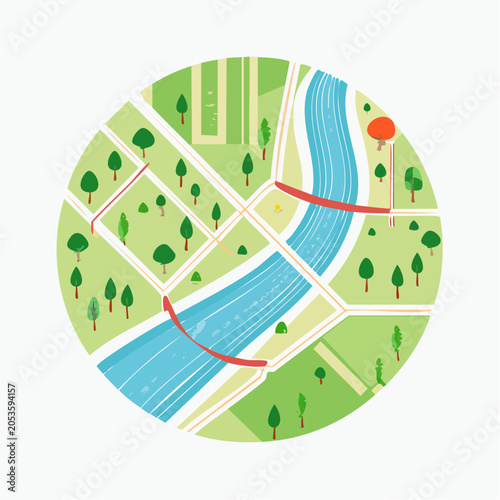 Stylized Bird's-Eye View of a City Map with River and Green Spaces