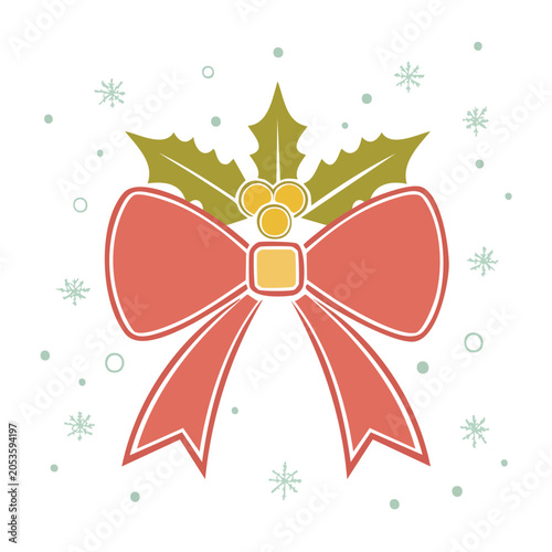Holly Branch with Festive Bow Vector Illustration