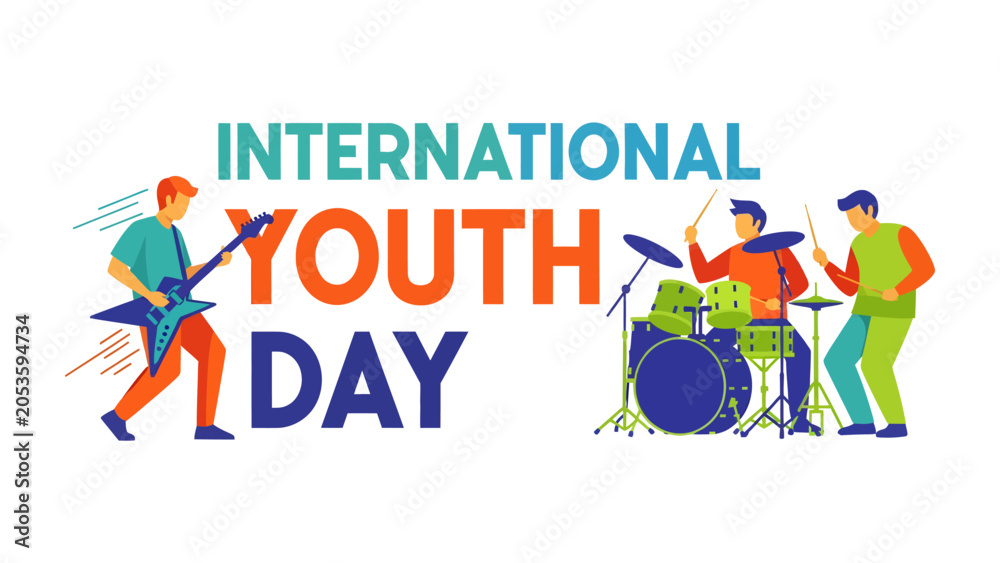 Fototapeta premium International Youth Day Celebration: A vibrant graphic illustrates the spirit of International Youth Day with young people energetically playing musical instruments.