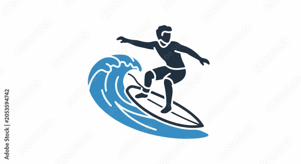 Fototapeta premium A stylized graphic of a surfer riding a blue wave