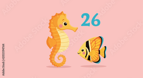 Photography Cute Cartoon Seahorse and Tropical Fish with Number Twenty Six