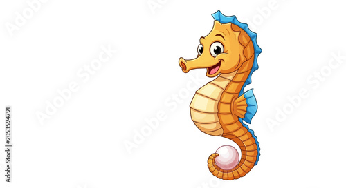 Obraz na plátně Cute Cartoon Seahorse Character Holding a Pearl