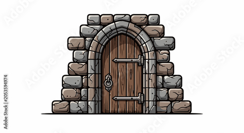 Rustic wooden door set in a stone archway