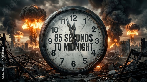 Apocalypse clock set to 85 seconds to midnight with nuclear mushroom clouds in the background.