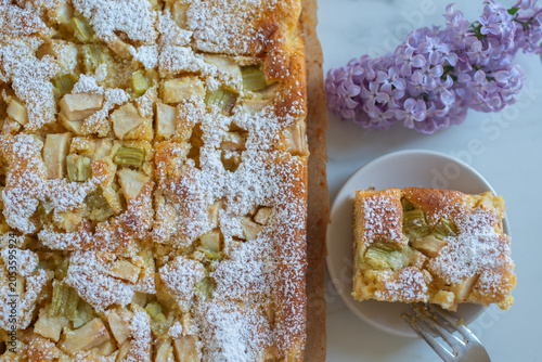 Home made Sweet Rhubarb cake with fresh rhubarb