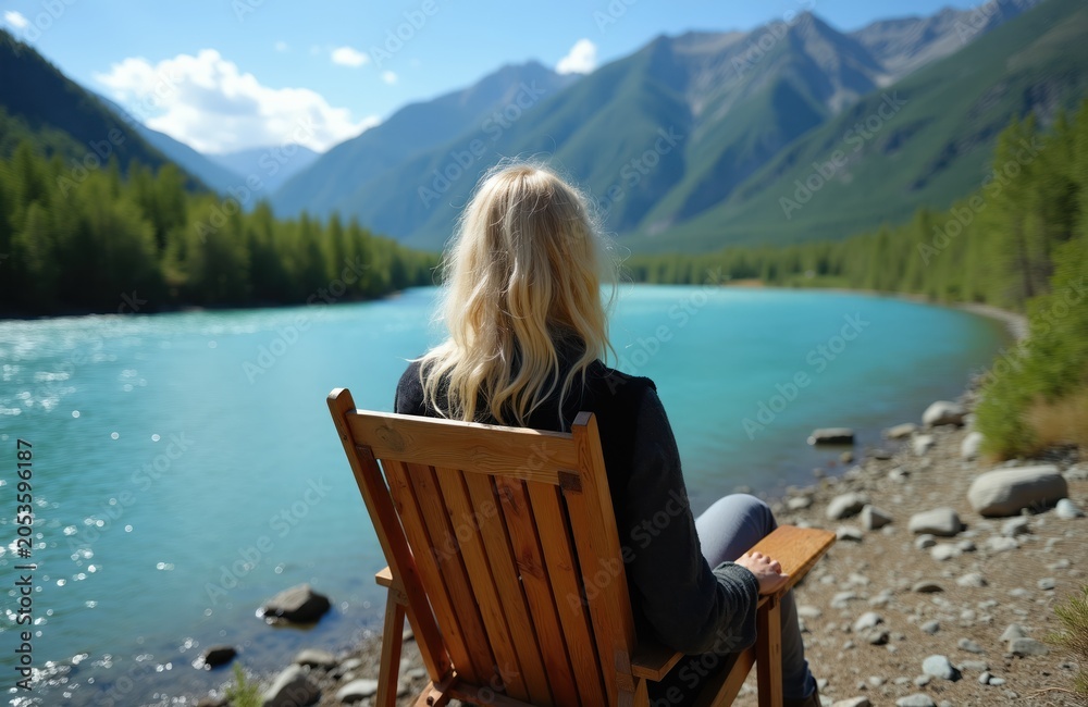 Fototapeta premium Woman relaxes on chair by turquoise lake and mountains. Person enjoys calm nature scene, scenic view of river and forest. Peaceful outdoor retreat in summer.