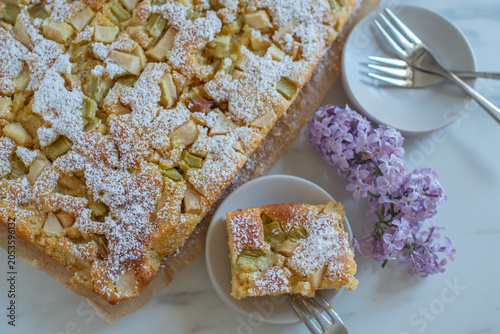 Home made Sweet Rhubarb cake with fresh rhubarb