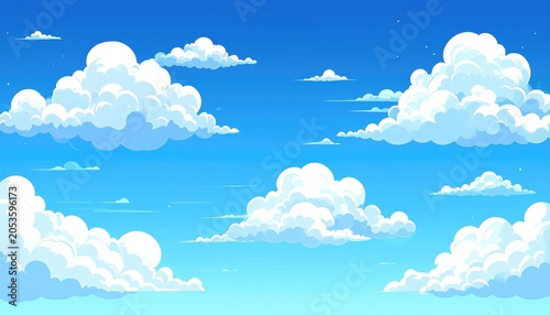 A vibrant, cartoon-style depiction of a bright daytime sky with fluffy, white cumulus clouds of varied shapes. The sky is a gradient blue