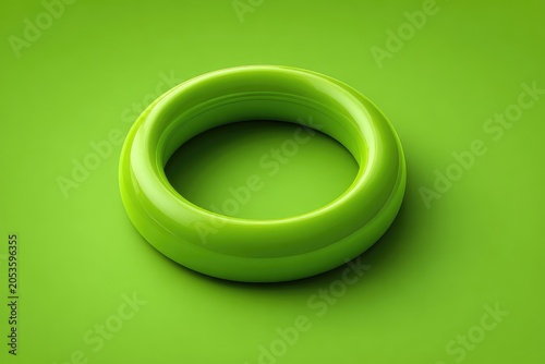 A vibrant, glossy, green torus sits on a matching background. The object is three-dimensional and casts a subtle shadow