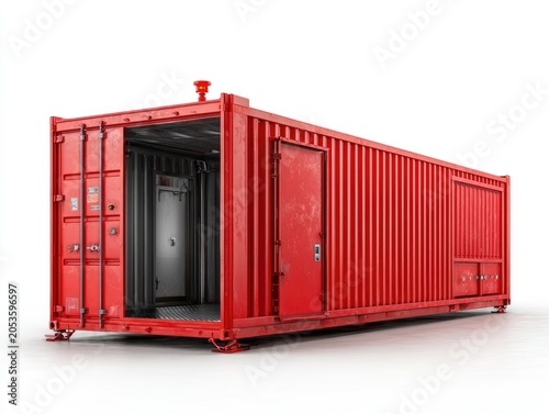 A vibrant red shipping container, its doors ajar, revealing interior details and a separate door