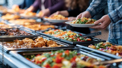 Diverse people selecting food from buffet line at office canteen during lunch break
