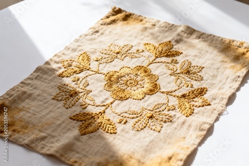 Golden floral embroidery on beige linen fabric