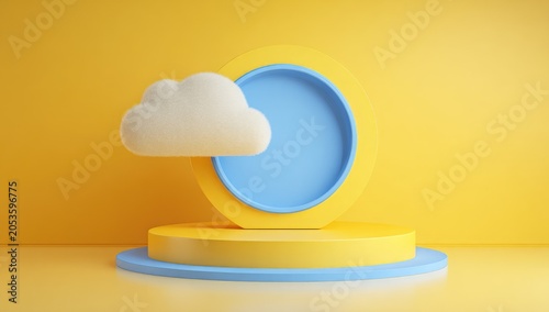 A whimsical, minimalist composition featuring a fluffy cloud juxtaposed against a circular blue backdrop set within a yellow platform, creating a bright aesthetic