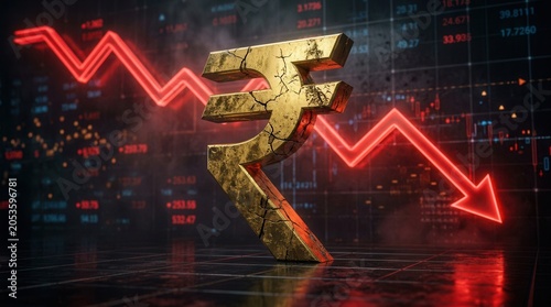 A golden Indian rupee symbol stands before a dramatic red downward trending chart.