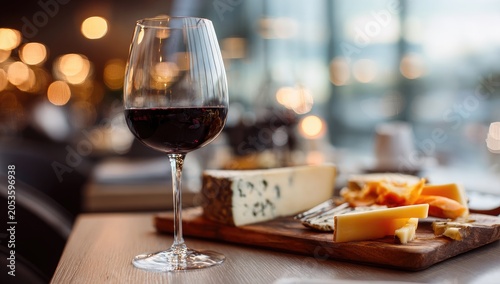 A wine glass, filled with red liquid, sits beside a platter of various cheeses on a wooden surface in a restaurant setting